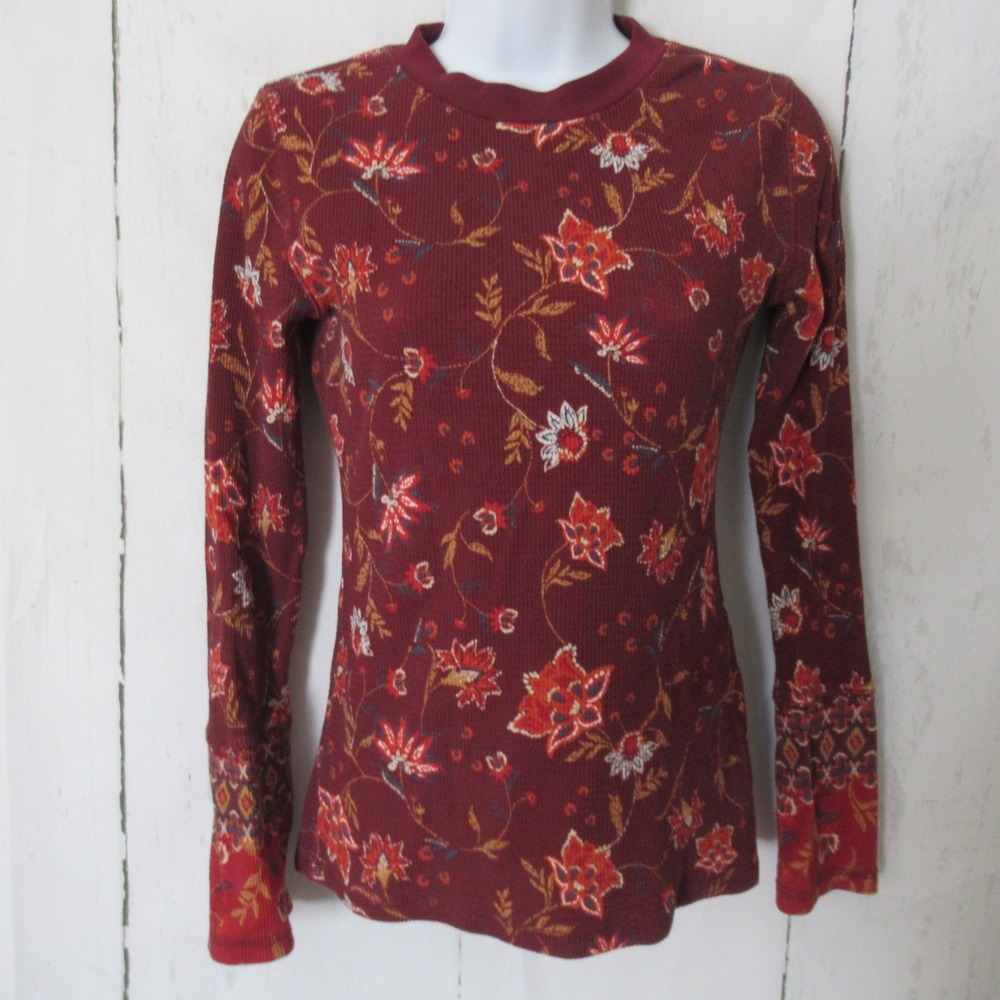 Sundance Top XS Burgundy Floral Waffle‎ Knit Thermal Long Sleeve Boho